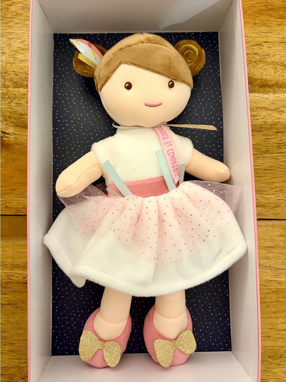 JoliJou Plush Ballerina Doll in Pink and White with Gold Accents
